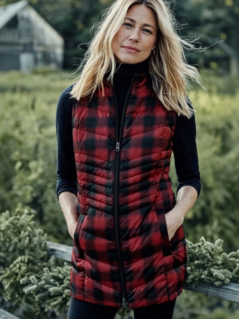 J Jill Buffalo Plaid Down Puffer Vest Red Black Small Pockets Side Vents